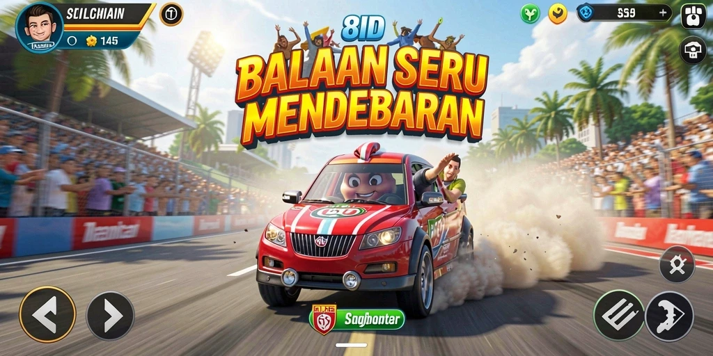 Screenshot gameplay 8ID dengan mobil balap yang melaju kencang.