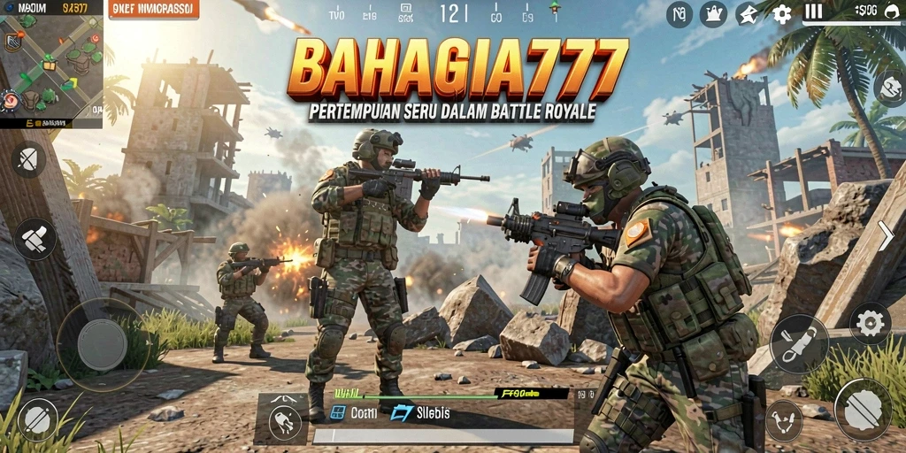 Tampilan gameplay yang mendebarkan dari BAHAGIA777 dalam pertempuran Battle Royale.