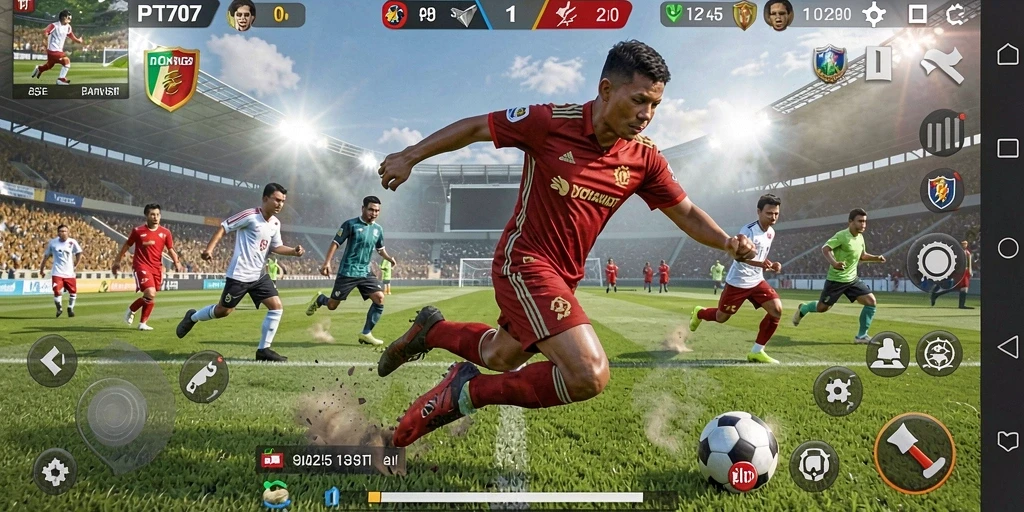 Screenshot utama PT707 menampilkan aksi intens dalam permainan olahraga.