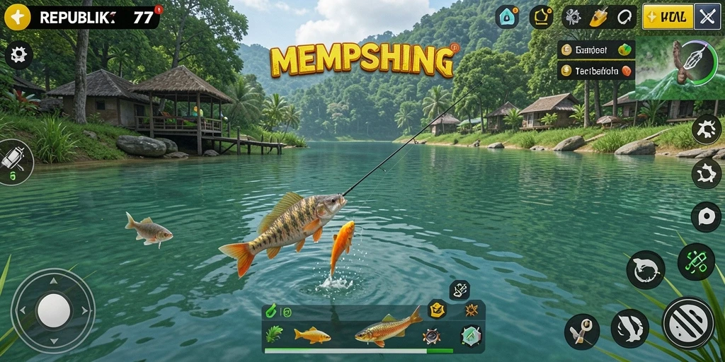 Screenshot gameplay REPUBLIK77 menampilkan aksi memancing seru di alam yang indah.