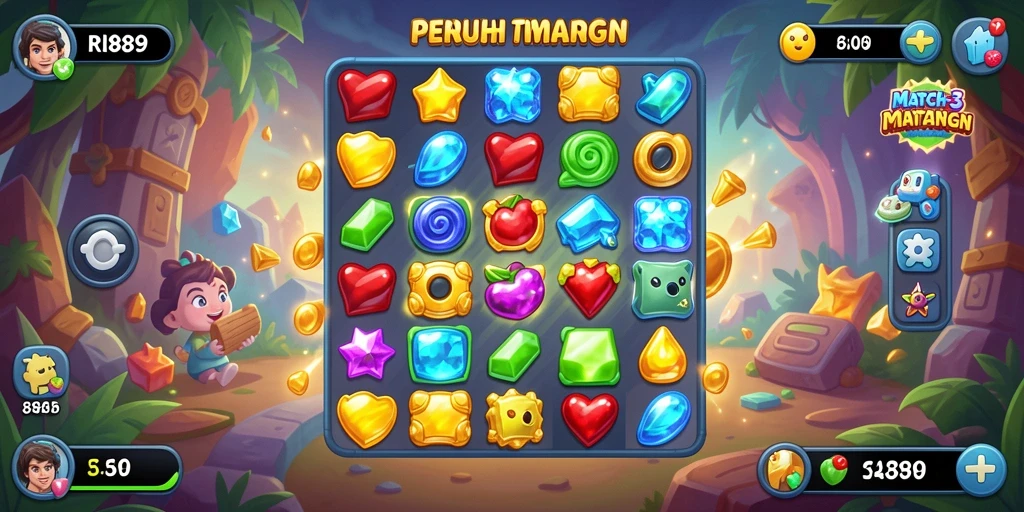Tangkapan layar gameplay RI889 menunjukkan aksi menyenangkan dan berwarna dalam permainan Match-3.