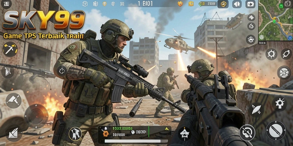 Screenshot gameplay <strong>SKY99</strong> menampilkan aksi tembak-menembak yang mendebarkan.